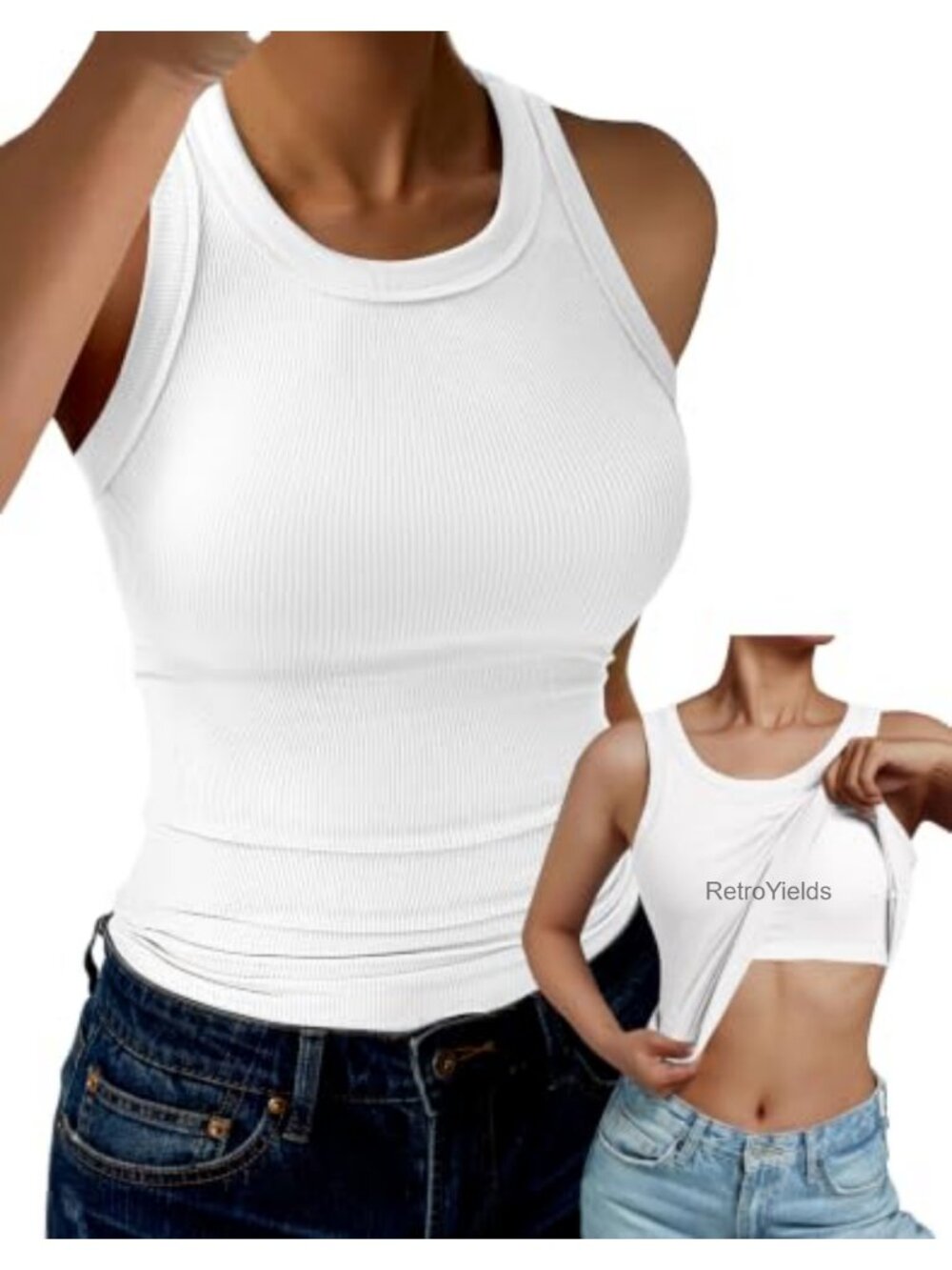 Women's Ribbed Tank Top with Built-in Bra High Neck Racerback Fitted